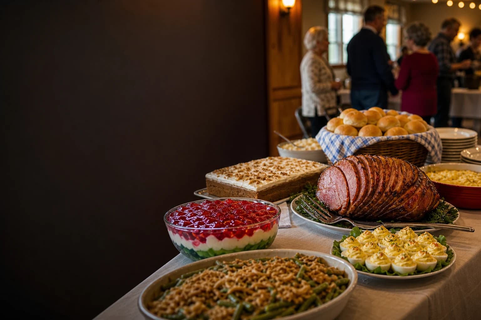 A colorful Midwest church-supper table representing community cookbook traditions