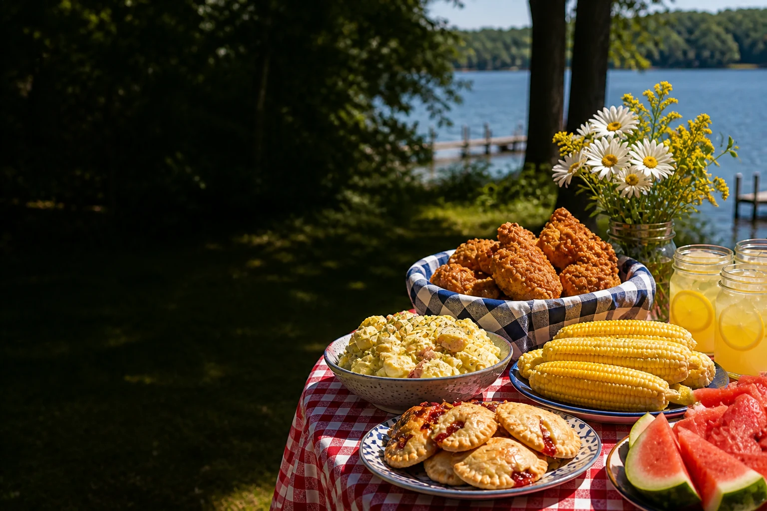 A colorful Midwest lakeside picnic table representing regional food traditions