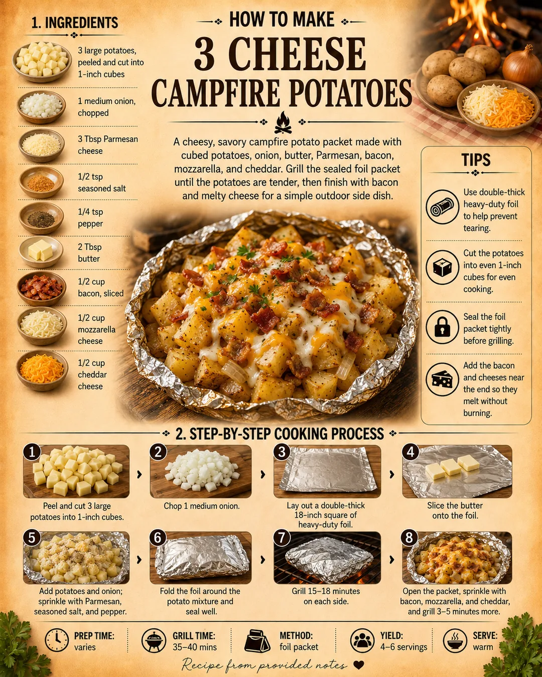 Official source card for 3 Cheese Campfire Potatoes