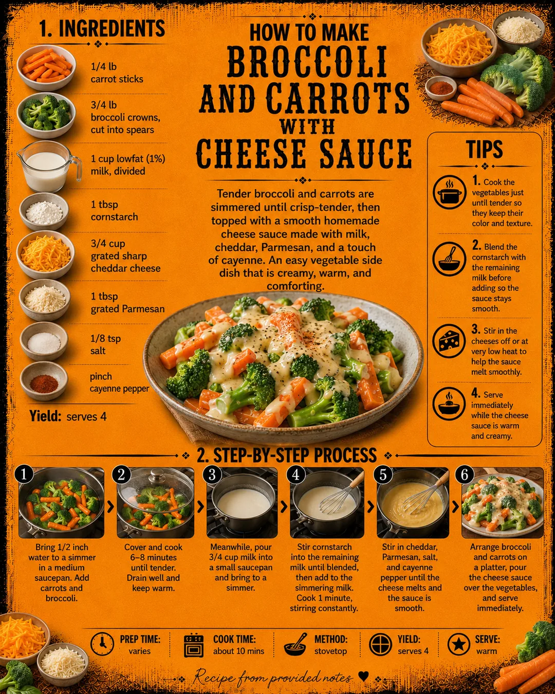 Official source card for Broccoli And Carrots With Cheese Sauce