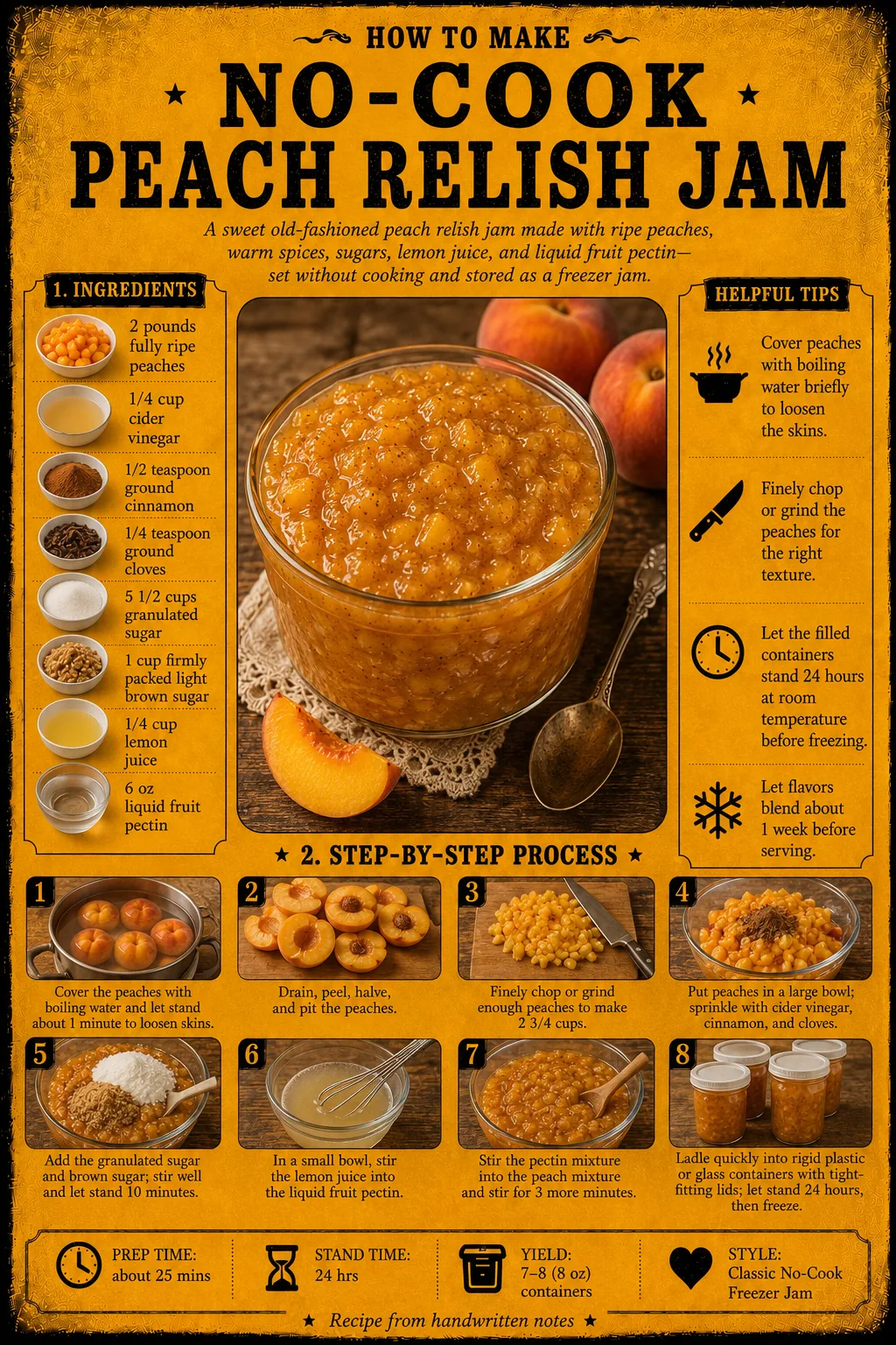 Official source card for No Cook Peach Relish Jam