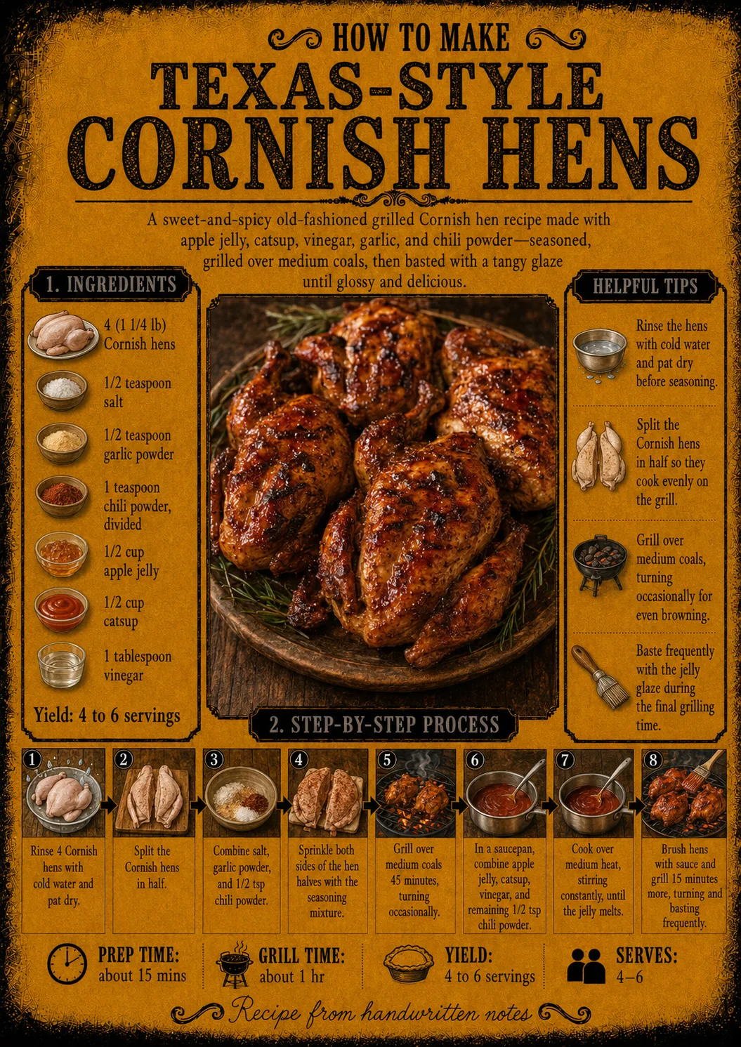 Official source card for Texas Style Cornish Hens