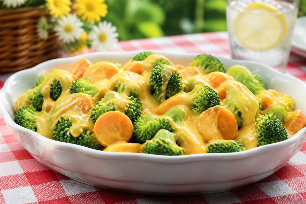 Broccoli And Carrots With Cheese Sauce prepared dish