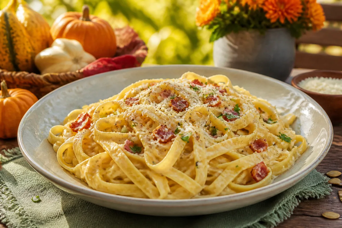 Skinny Fettuccine Carbonara prepared dish
